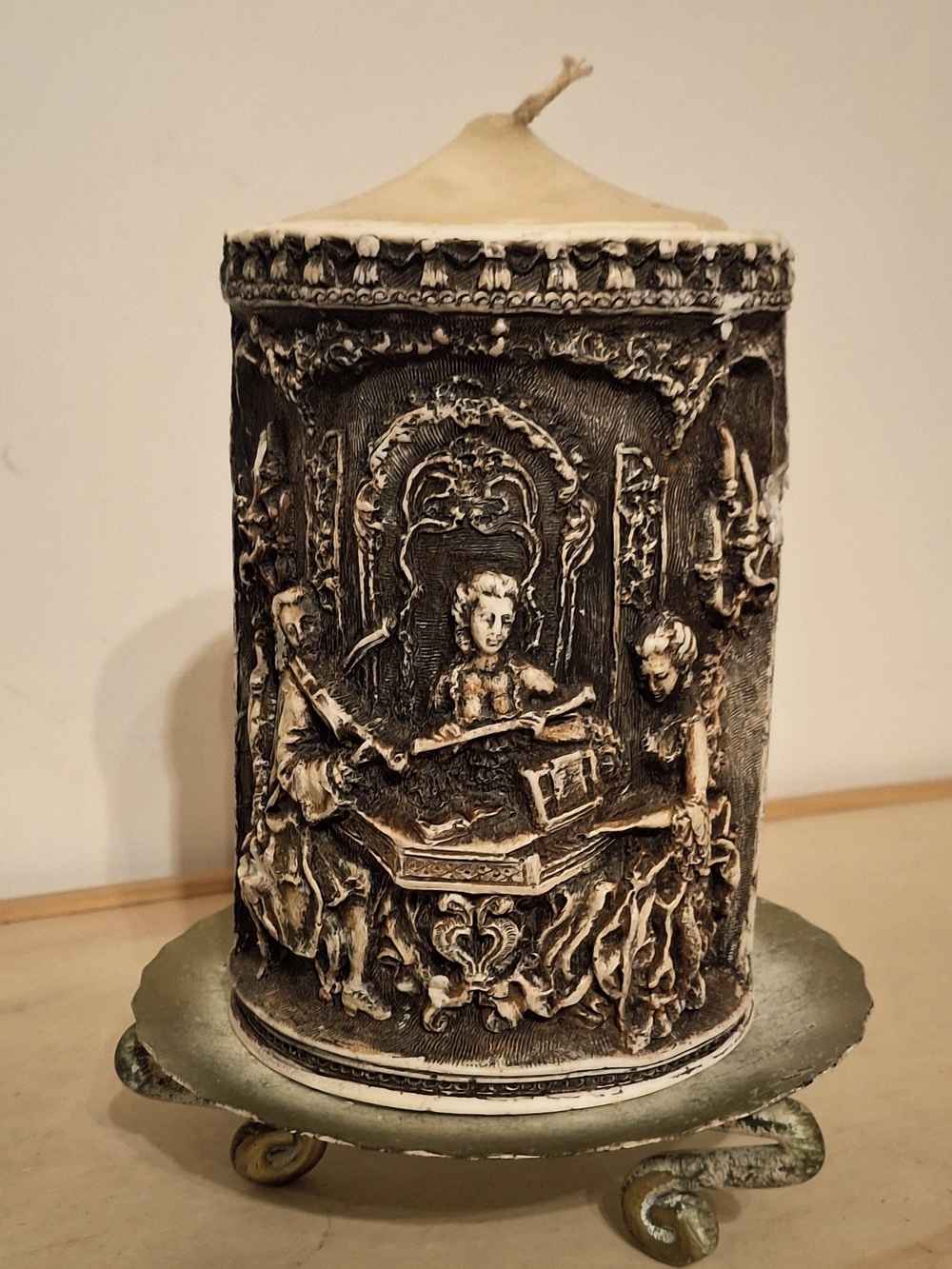 Vintage Rococo Carved Wax Pillar Candle on Decorative Metal Footed Stand 6"×4"